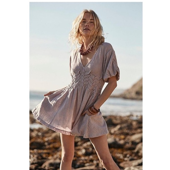 Free People One Of A Kind Mini Dress Solid Ruched Smocked - Picture 1 of 11